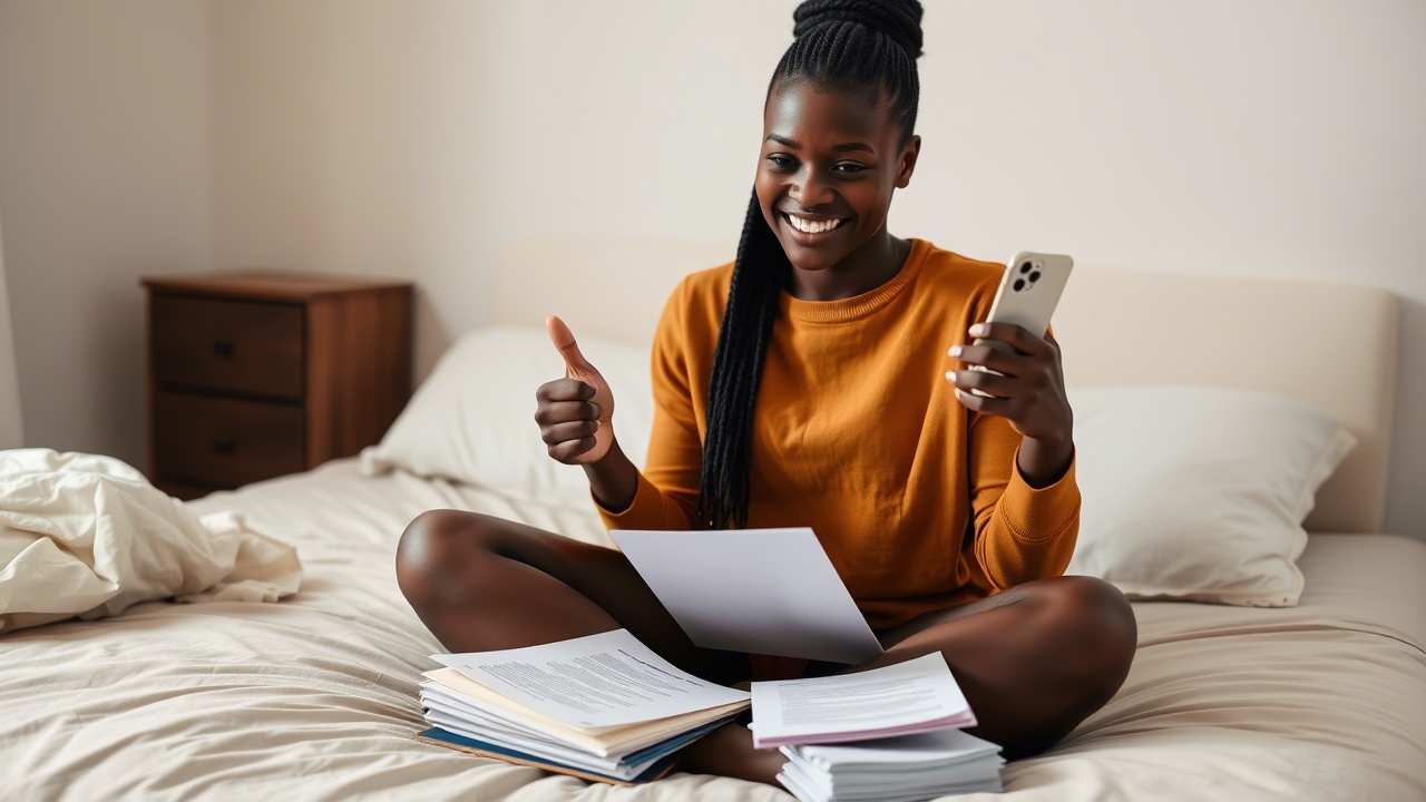 Professional woman reviewing job documents with success